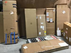 lot 17 image: PALLET WITH assorted shelving units includes Hyloft and other brands, other misc items also included customer returns see pictures