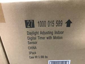 lot 21 image: PALLET WITH 45 BOXES OF Defiant SunSmart 8-Amp In-Wall Indoor Digital Timer wMotion Sensor #1000015589 3 PACK not used