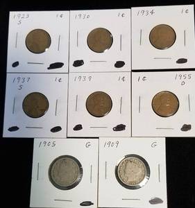 8 US COINS 6 WHEAT CENTS & 2 LIBERTY NICKELS