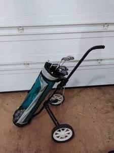lot 92 image: Set of Womens Golf Clubs and pull cart