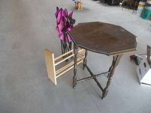 lot 72 image: End Table, Book Rack, Collapsible Chair