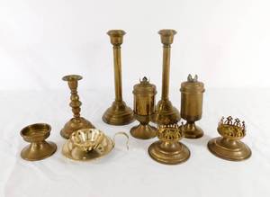 lot 129 image: Vintage Brass Candle Holders and Vintage Brass Oil Lamps