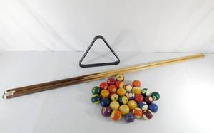 lot 236 image: Lot of Vintage Pool Cues, Triangle and Miscellaneous Pool Balls
