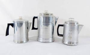 lot 232 image: Three Vintage Stove Top Coffee Pots including Worthmore and Mirro