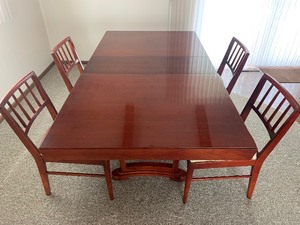 lot 14 image: Vintage Solid Wood Dining Table & Chairs Set W Fun Patterned Seat Upholstery