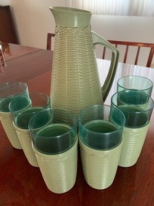 lot 21 image: Vintage Plastic Wicker wrapped Pitcher & Glasses Set