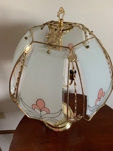 lot 59 image: Vintage Gold Tone Touch Lamp w Painted Glass Shade.