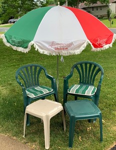 lot 227 image: Vintage Outdoor Umbrella, Plastic Chairs and Side Tables