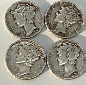 lot 249 image: Mercury Dimes 1937, 1943, 1944 and 1945