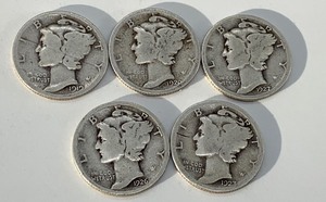 lot 250 image: Mercury Dimes 1919, 1920, 1926, 1927, 1923