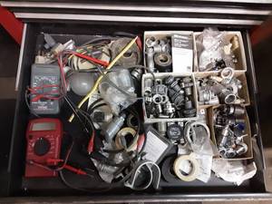 lot 64 image: Contents Of Tool Box Drawer 2-Multi-Meters & Electrical Parts
