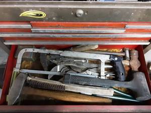 lot 70 image: Contents Of Tool Box Drawer Hammers, Pliers, Vice Grip, Saw & More