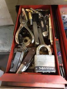 lot 73 image: Contents Of Tool Box Drawer Pocket Knives, Feeler Gauges, More