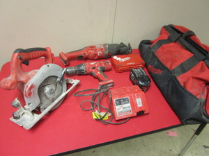 lot 234 image: MILWAUKEE CORDLESS 18V CIRCULAR SAW, SAWZALL, 12 DRILL, DRILL BITS, BATTERY AND CHARGER, BAG