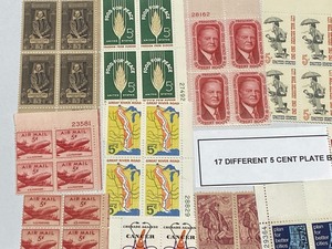 lot 20 image: (17) Different 5-Cent Stamp Plate Blocks