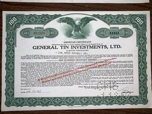 lot 5 image: General Tin Investments, Seatrain Lines, United Air Lines Stocks and Bond Certificates