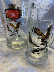 lot 17 image: VINTAGE SCHMIDT BEER PITCHER & MUG SET. Collection Series Mugs V, VI, VII, VIII
