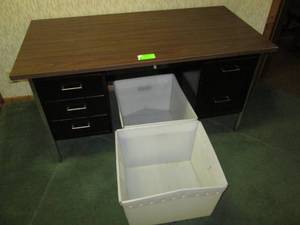 lot 180 image: Metal Desk & 2 Plastic TotesBins ...