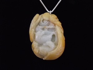 lot 1 image: .925 Sterling Silver Large Carved Yellow Jade&nbspBirds Nest Pendant Necklace