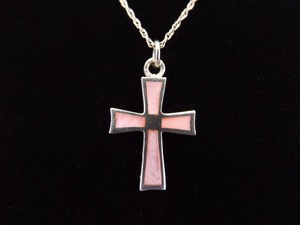 lot 11 image: .925 Sterling Silver Inlayed Pink Mother of Pearl Cross Pendant Necklace