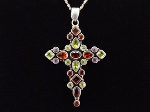 lot 24 image: .925 Sterling Silver Large Garnet and Peridot Crystal Cross Pendant Necklace