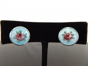 lot 78 image: .925 Sterling Silver Blue Enamel Guilloche Rose Screw Back Earrings