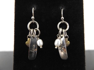 lot 94 image: .925 Sterling Silver Genuine Pearl Accented LOVE Dangle Hook Earrings