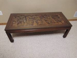 lot 101 image: Hand Carved Wood Coffee Table with Glass Top