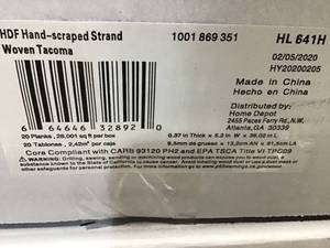 lot 36 image: 8 CASES OF HOME DECORATORS COLLECTION 32 CASES OF HOME DECORATOR COLLECTION Hand Scraped Strand Woven Tacoma 38 in. T x 5-15 in. W x 36.02 in. L Engineered Click Bamboo Flooring