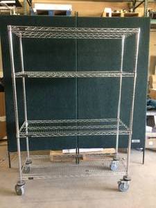 lot 62 image: MSRP $500 HIGH QUALITY QUANTUM STORAGE SYSTEMS MOBILE NSF Stainless Steel&nbspSHELF CART W4 ADJUSTABLE WIRE SELF SHELVES APPROX 18X36X69 - GREAT CONDITION