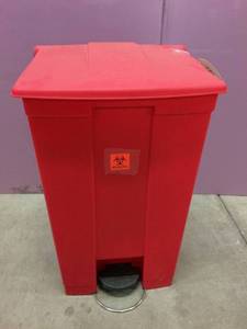 lot 78 image: MSRP $200 Rubbermaid Commercial Medical 18 Gallon Biohazard Step-On Container Hands Free Sanitary Waste Management