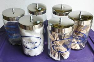 lot 74 image: LOT OF 6 QUART SIZE MEDICAL GLASS STORAGE JARS WITH STAINLESS STEEL TOPS - EXCELLENT CONDITION