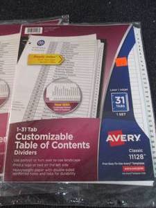lot 192 image: 4 Avery 1-31 Customizable Dividers ...