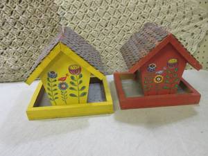 lot 12 image: 2 Wood Bird Houses with Penny Shing...