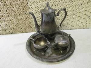 lot 33 image: Silver Tea Set Pot, Tray, Sugar and...