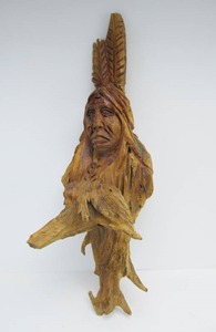 lot 209 image: Large Heavy Vintage Carved Solid Wood Native American Bust Sculpture