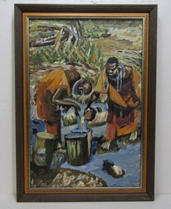 lot 188 image: Vintage Mid Century Oil on Canvas African Village Water Gatherers Painting