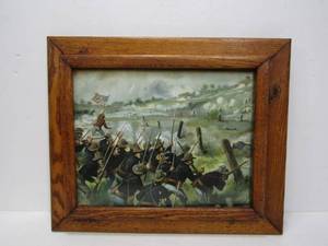lot 55 image: Antique Fold Out Oak Wall Rack w Great Old Period Army Battle Scene Litho