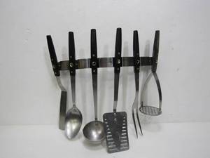 lot 139 image: Mid Century FLINT Stainless Kitchen Utensil Set wWall Rack