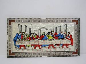 lot 142 image: Vintage Inlaid Wood & Mother of Pearl LAST SUPPER Wall Hanging Plaque