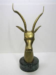 lot 13 image: Large Solid Brass Antelope Head Sculpture on Marble Base