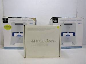 lot 18 image: Brand New Accurian In-Ceiling Speaker & Pair of Sharper Image Wireless Outdoor Speakers
