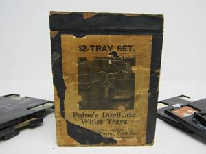lot 336 image: Antique PAINES Duplicate Whist 12 Board Set w Dovetailed Wood Box & Bridge Board Set