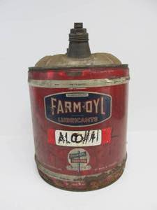 lot 273 image: Vintage FARM-OYL Motor Oil 5 Gallon Oil Can