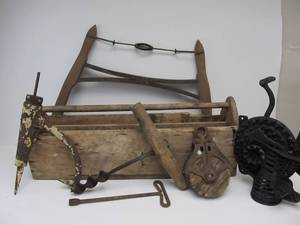 lot 280 image: Primitive Antique Tool Carrier wTools Corn Sheller etc