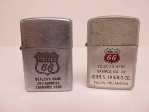 lot 291 image: 2 Old Vintage PHILLIPS 66 Sample Cigarette Lighters - Including 1940s Zippo