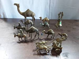 Collection Of Brass Camels, Chariot, Bell