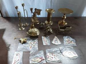 Collection Of Brass Candle Holders, Ornaments, Sleigh, Walnut Nut Cracker