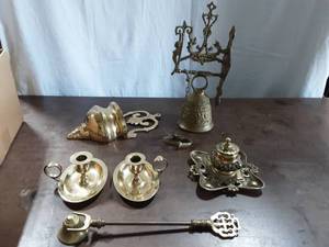 Collection Of Brass Large Church Monastery Bell, Incense Burner (England), Candle Holders, Wall Vase