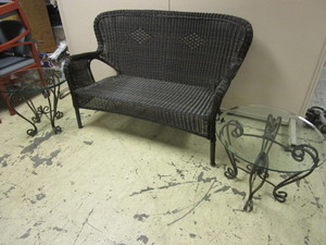 lot 706 image: RATTAN LOVE SEAT, DECORATIVE END TABLES, WITH GLASS TOPS